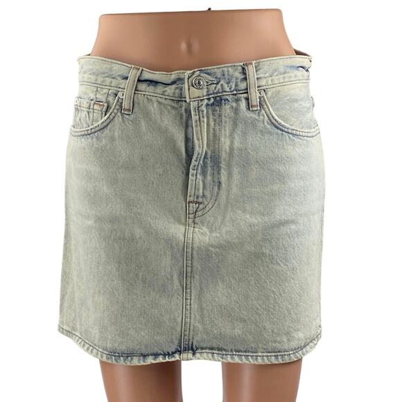 7 For All Mankind Blue Acid Wash High Waisted Straight Denim Jean Skirt Size 27 - Picture 1 of 5
